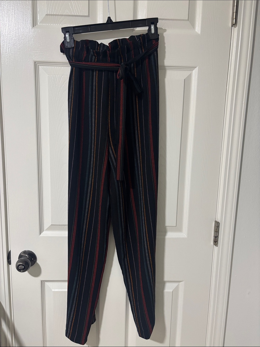 High-Waist Paperbag Stripe Pants - Black with Red & Tan Stripes Sz M